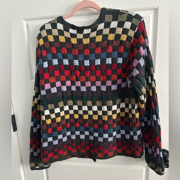 Talbots Vintage Hand Knit Rainbow Checkered Cardigan Button Sweater - Picture 2 of 5
